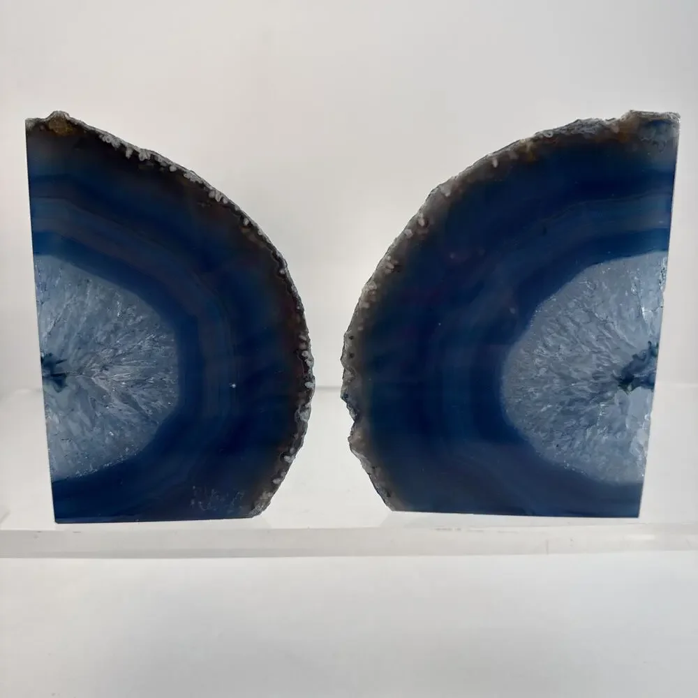 1 Pair 5.25” Polished Blue Brazilian Agate Geodes Bookends W/Beautiful Crystals